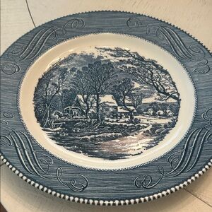 Currier & Ives By Royal The Old Grist Mill 10 1/4" Blue Dinner Plates